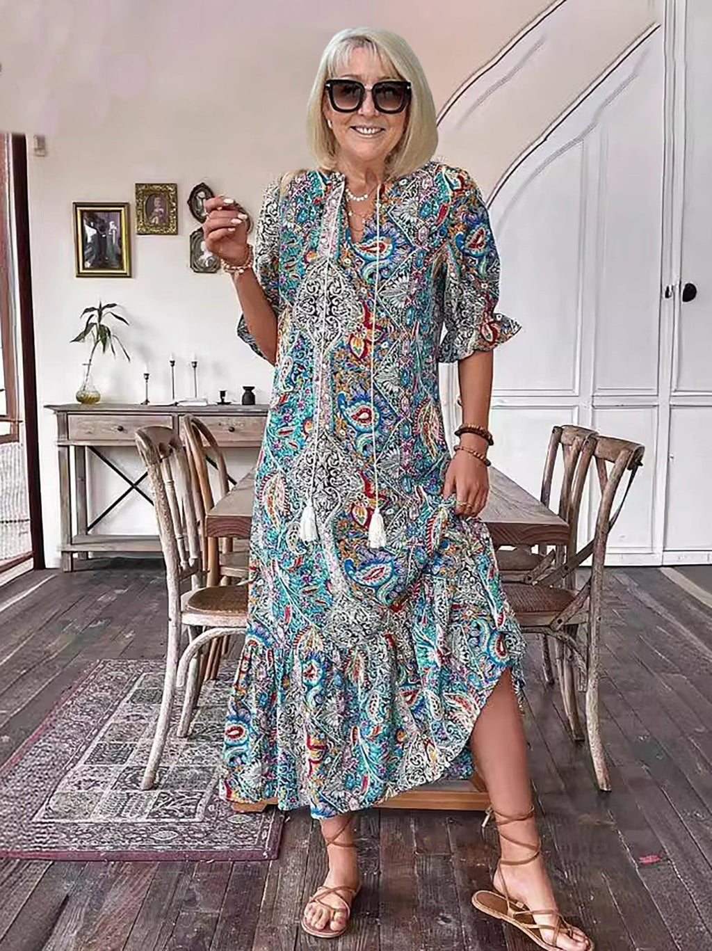 Gina Women's Summer Maxi Dress | Soft Cotton, Boho Lace-Up Detail - 3