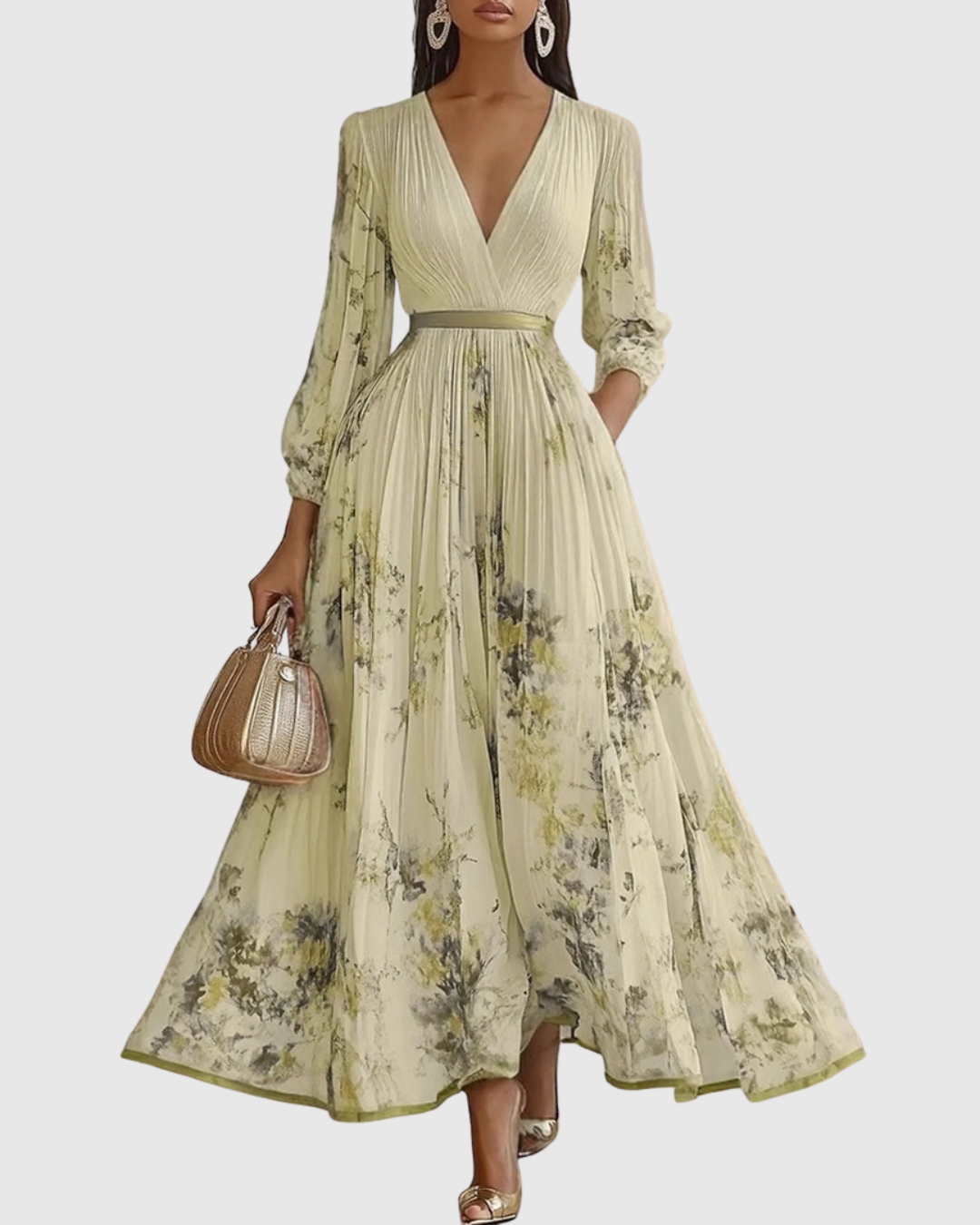 Rina Women's Maxi Dress | Pleated Design, Elegant V-Neck - 9