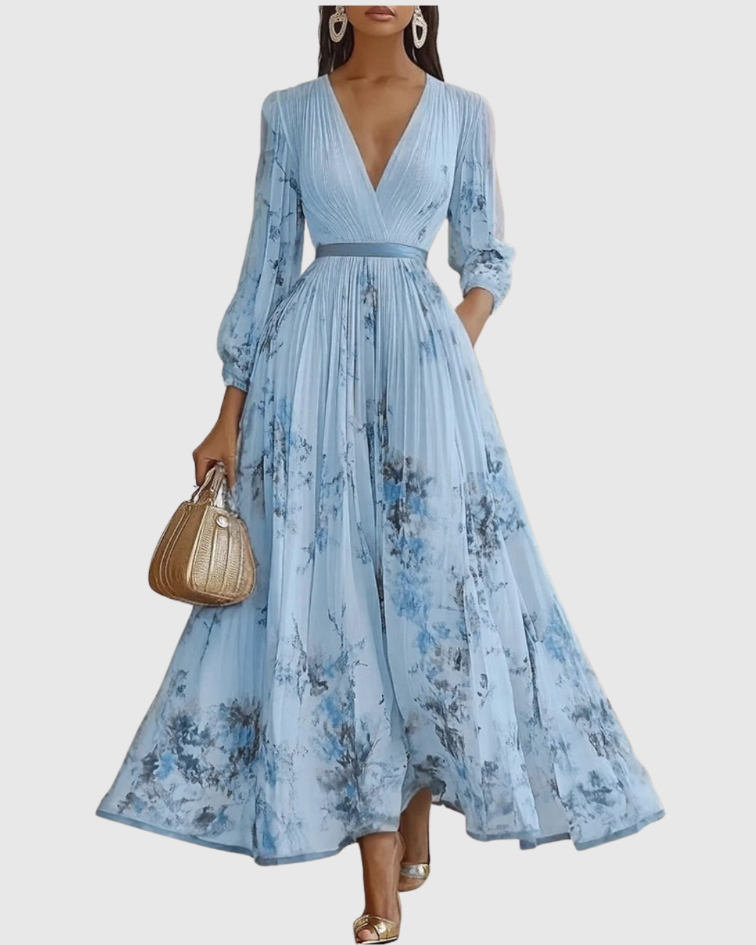 Rina Women's Maxi Dress | Pleated Design, Elegant V-Neck - 7