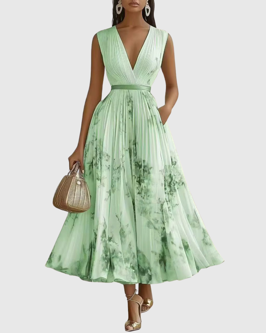Rina Women's Maxi Dress | Pleated Design, Elegant V-Neck - 1