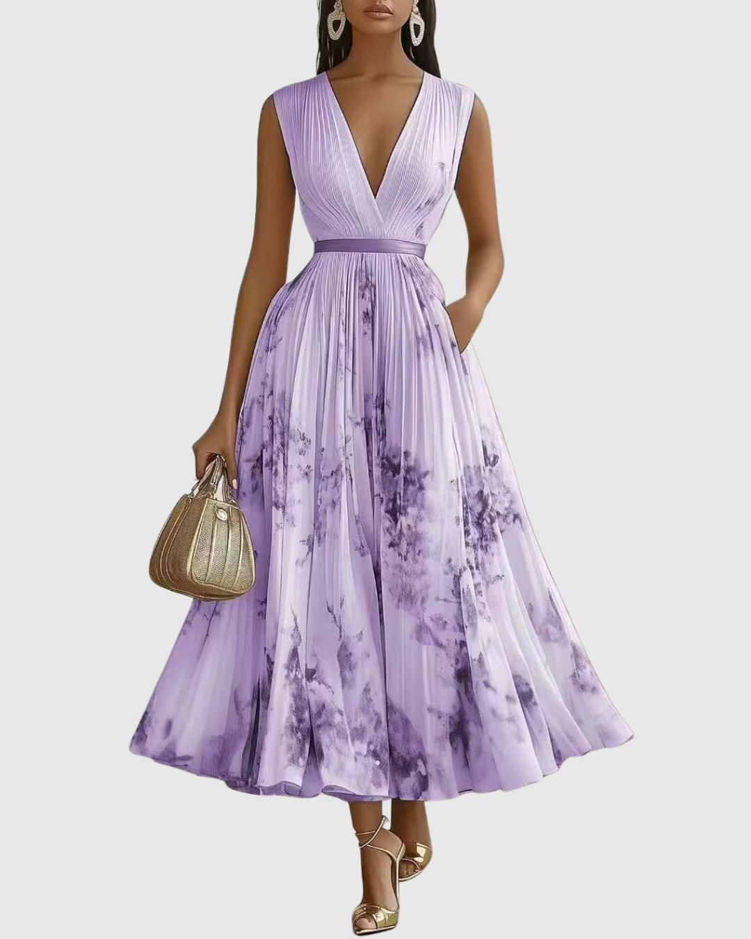 Rina Women's Maxi Dress | Pleated Design, Elegant V-Neck - 15