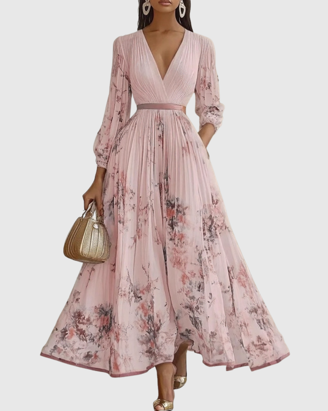 Rina Women's Maxi Dress | Pleated Design, Elegant V-Neck - 12
