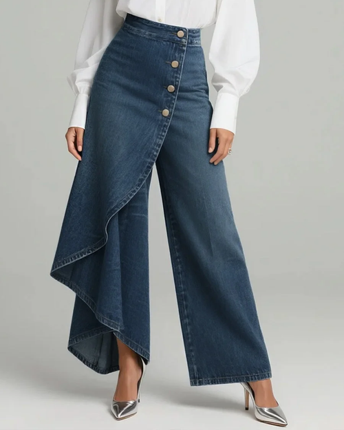 Carly Women's Trousers | Elegant Wrap Design, Stretch Denim - 2