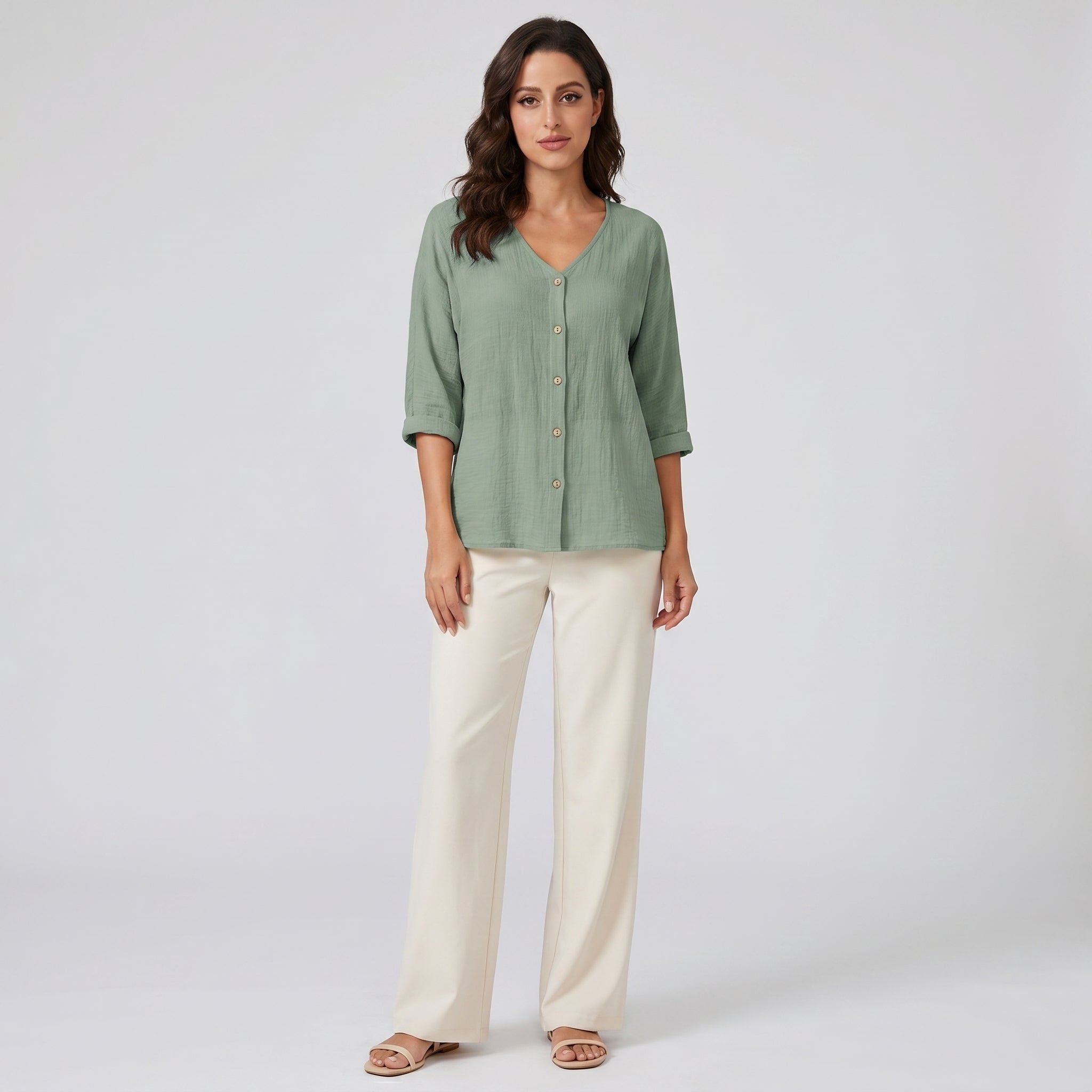 Mara Women's Blouse - studio model shot on neutral grey backdrop