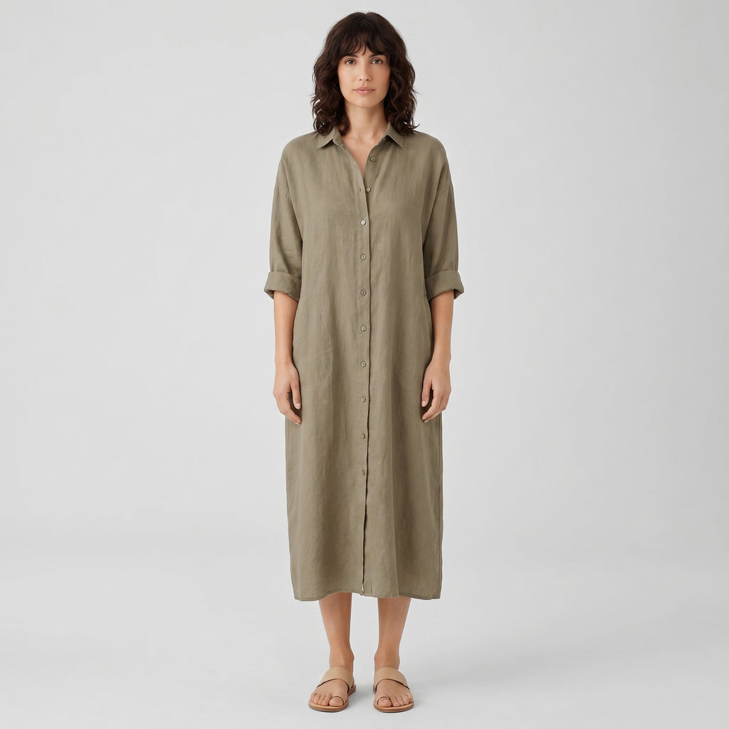 Vera Women's Shirt Dress - studio model shot on neutral grey backdrop