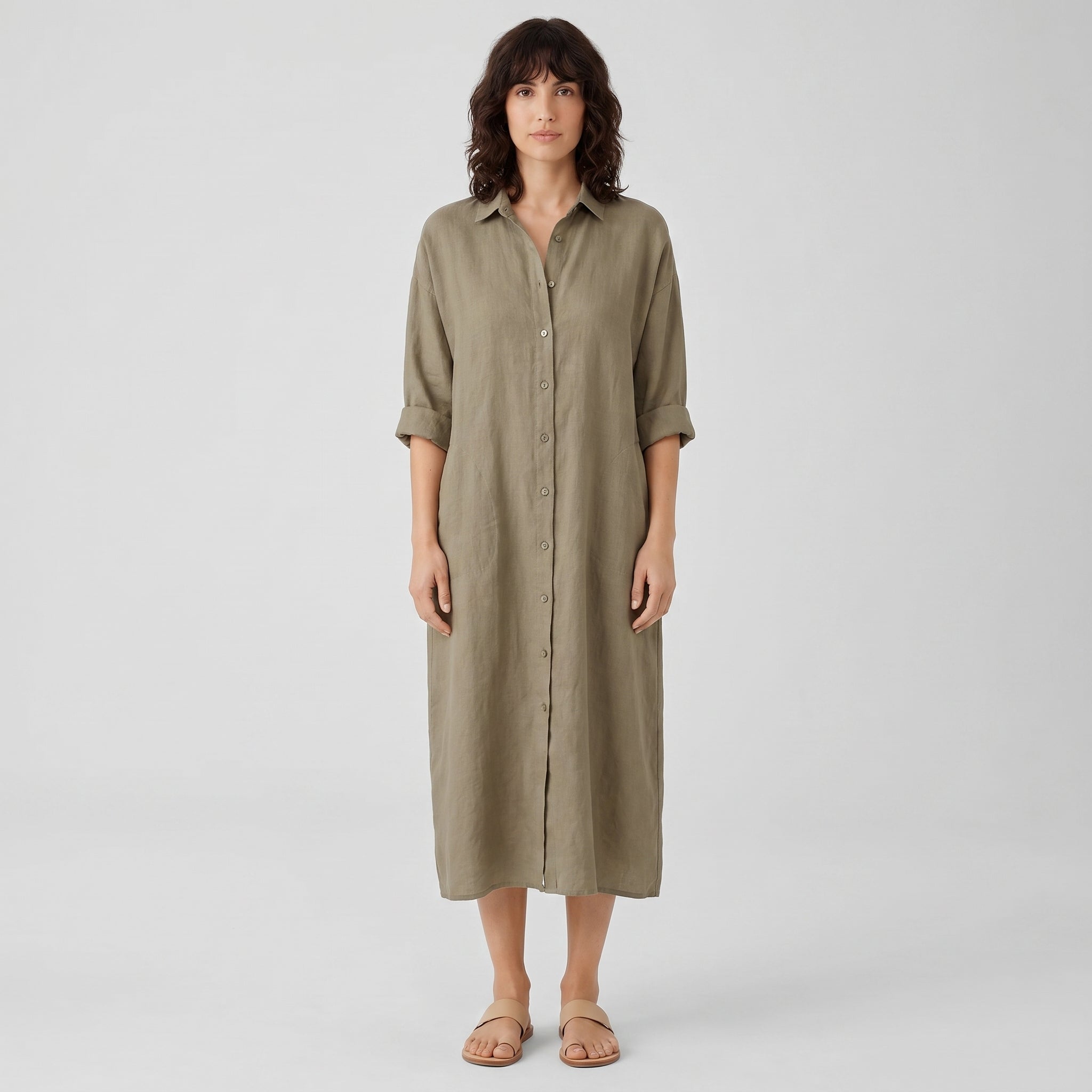 Vera Women's Shirt Dress - studio model shot on neutral grey backdrop