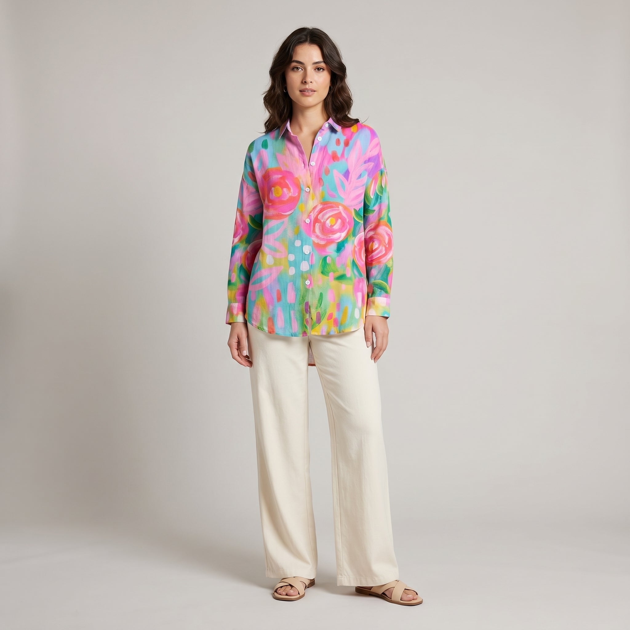 Tina Women's Blouse - studio model shot on neutral grey backdrop