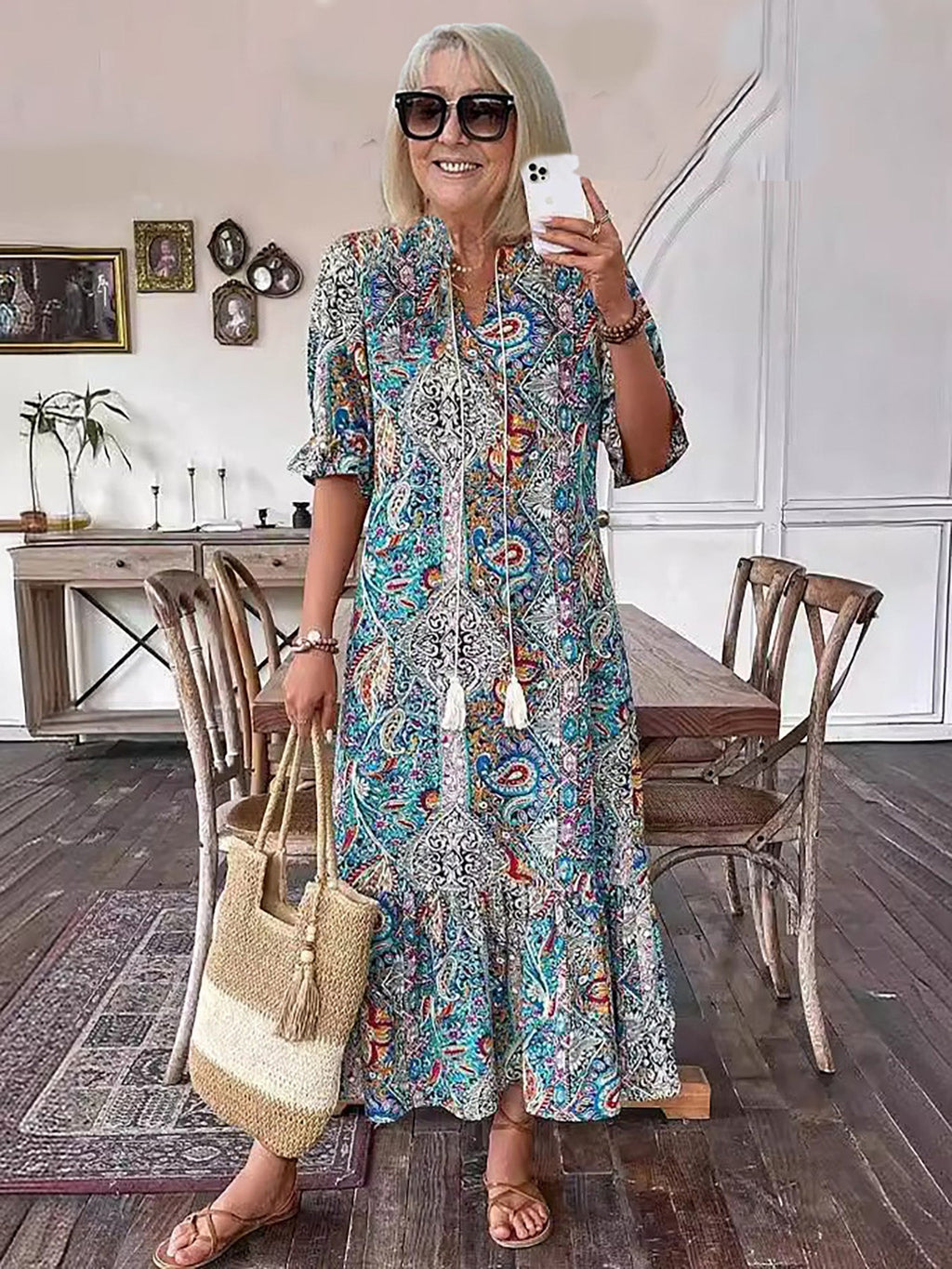 Gina Women's Summer Maxi Dress | Soft Cotton, Boho Lace-Up Detail - 2