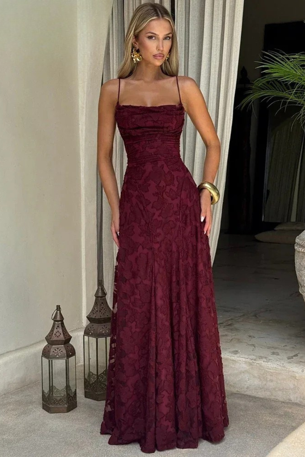 Rosa Women's Maxi Dress | Floral Jacquard, Backless Design - 3