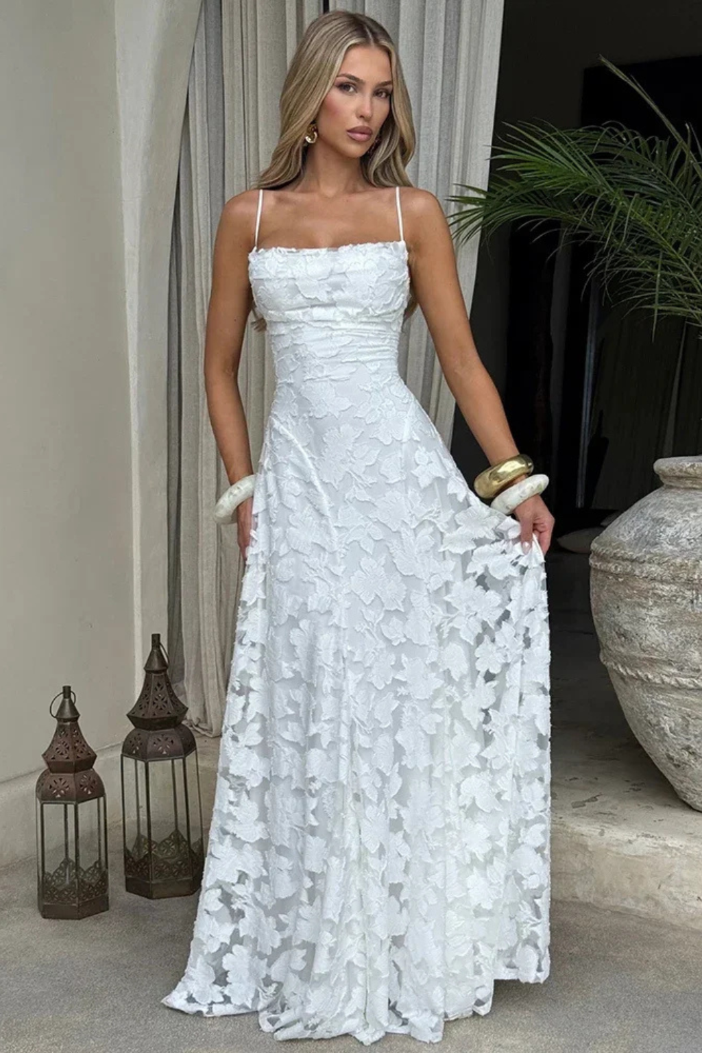 Rosa Women's Maxi Dress | Floral Jacquard, Backless Design - 7