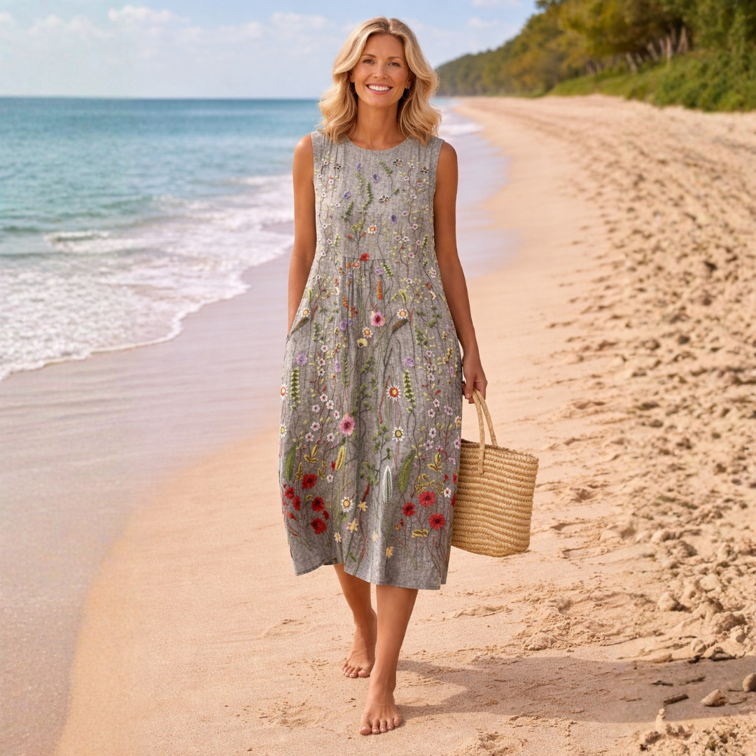 Celia Women's Midi Dress | Relaxed Fit, Wildflower Embroidery - 3