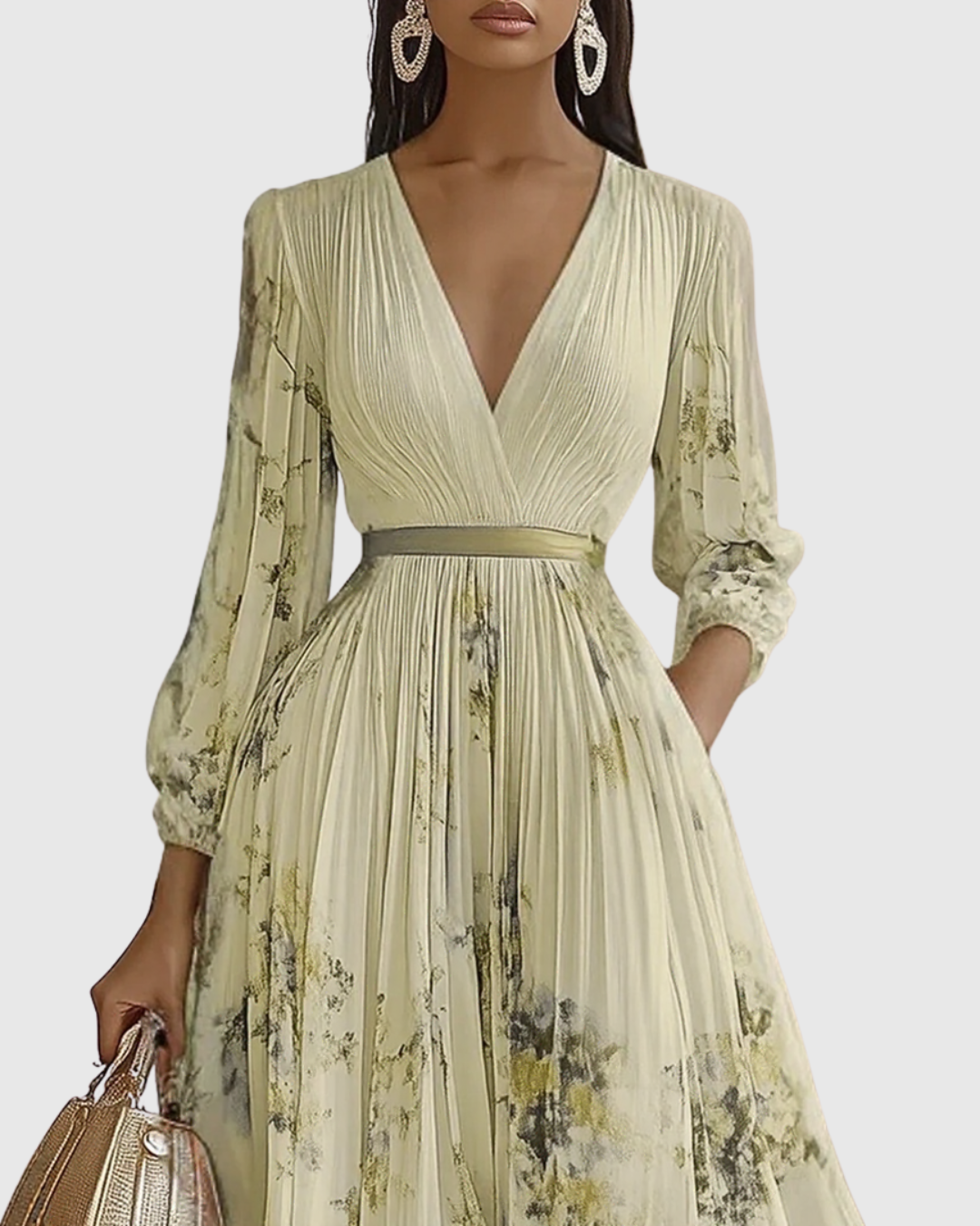 Rina Women's Maxi Dress | Pleated Design, Elegant V-Neck - 10