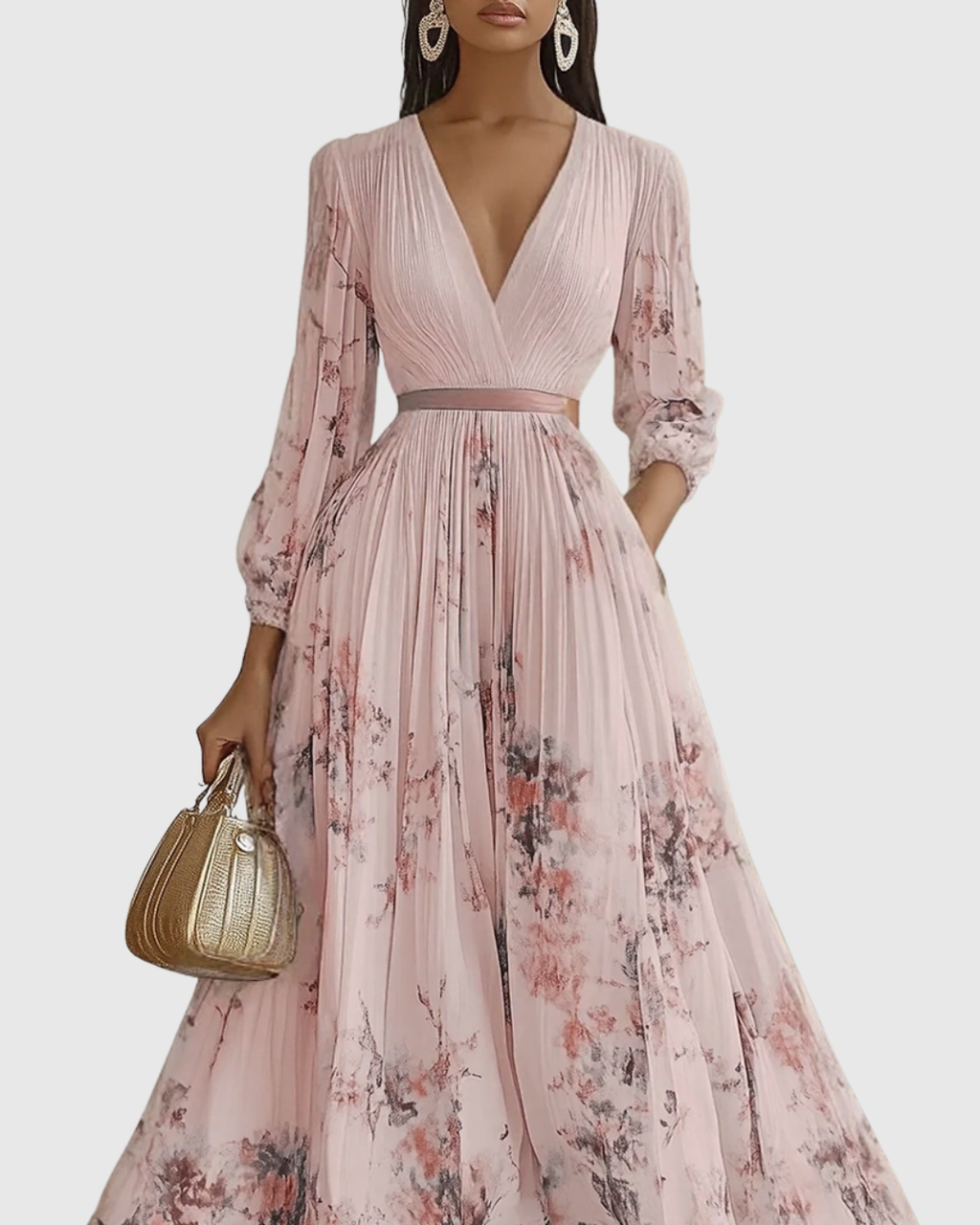 Rina Women's Maxi Dress | Pleated Design, Elegant V-Neck - 13