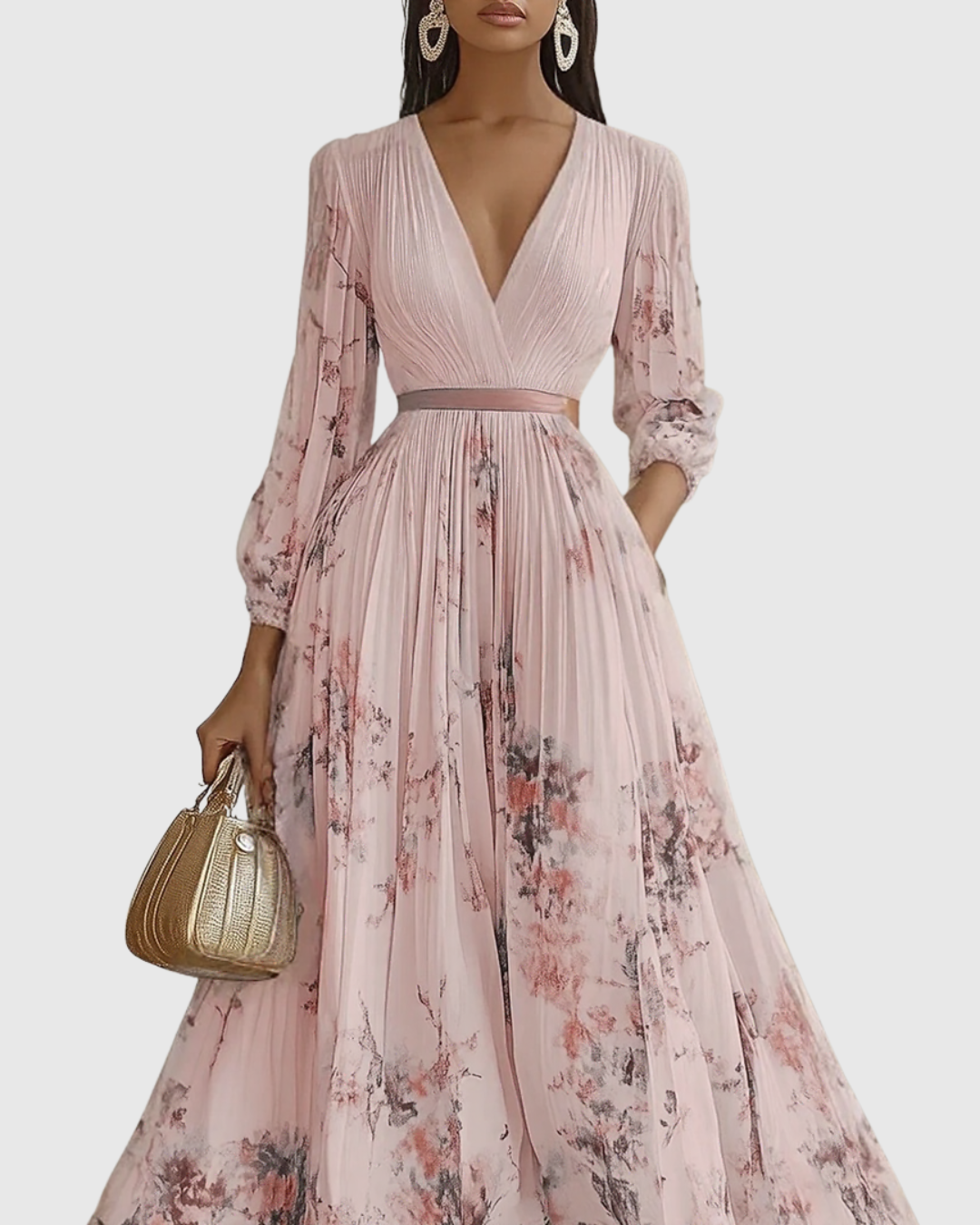 Rina Women's Maxi Dress | Pleated Design, Elegant V-Neck - 13