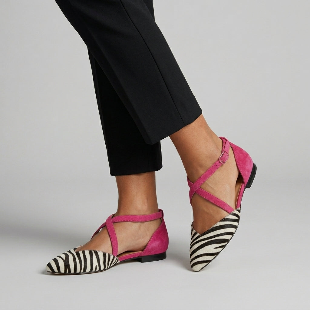 Fiona Women's Ballerinas | Zebra Print with Fuchsia Straps - model shot