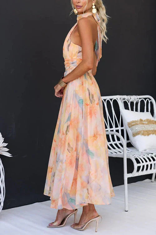 Brielle Women's Maxi Dress | Elegant Watercolor Print, Halter Neckline - 5