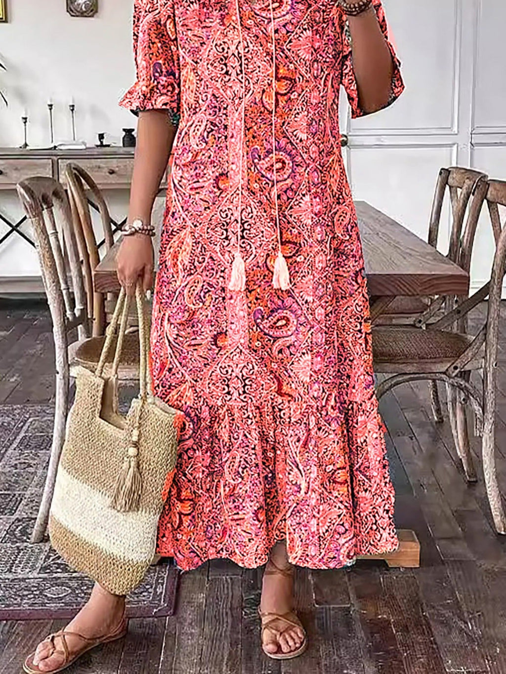 Gina Women's Summer Maxi Dress | Soft Cotton, Boho Lace-Up Detail - 9