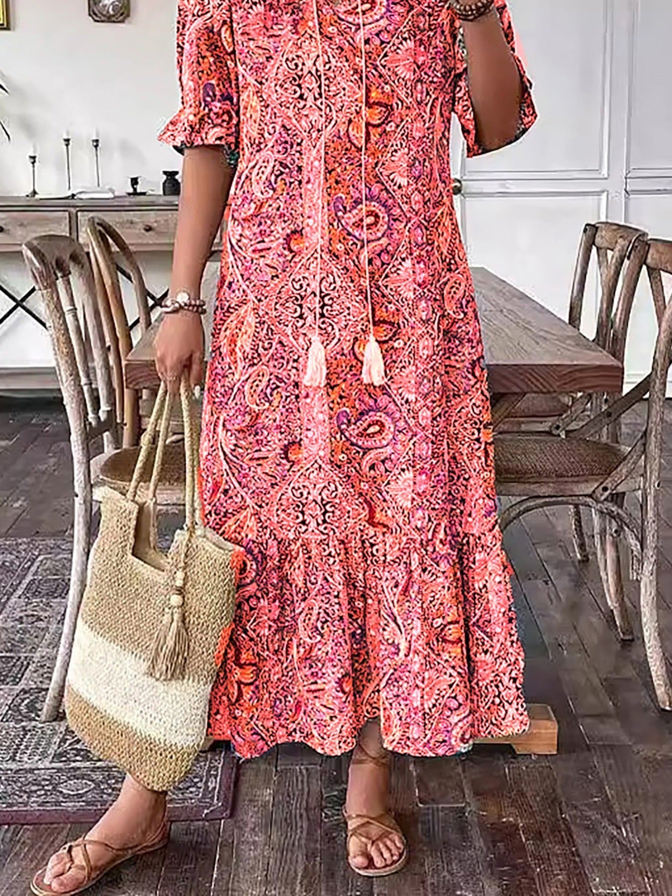Gina Women's Summer Maxi Dress | Soft Cotton, Boho Lace-Up Detail - 9