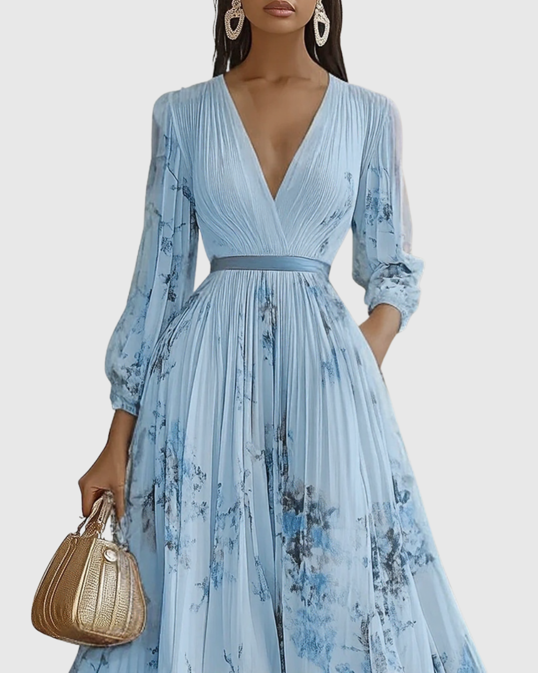 Rina Women's Maxi Dress | Pleated Design, Elegant V-Neck - 6
