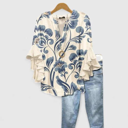 Womens Blouse with Ruffle Sleeves and Elegant Prints - Relaxed Fit Lightweight Top for Everyday Style - 2