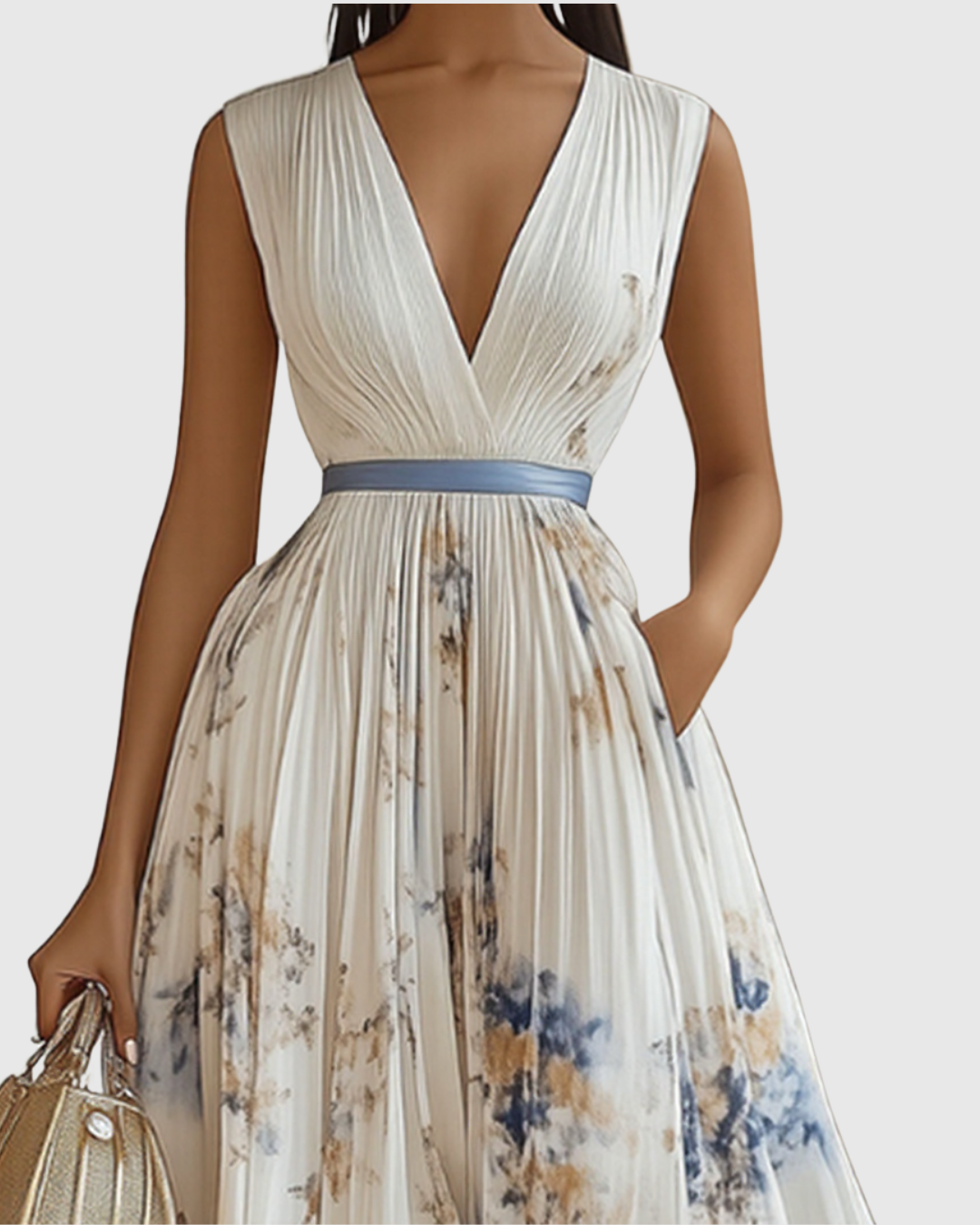 Rina Women's Maxi Dress | Pleated Design, Elegant V-Neck - 3