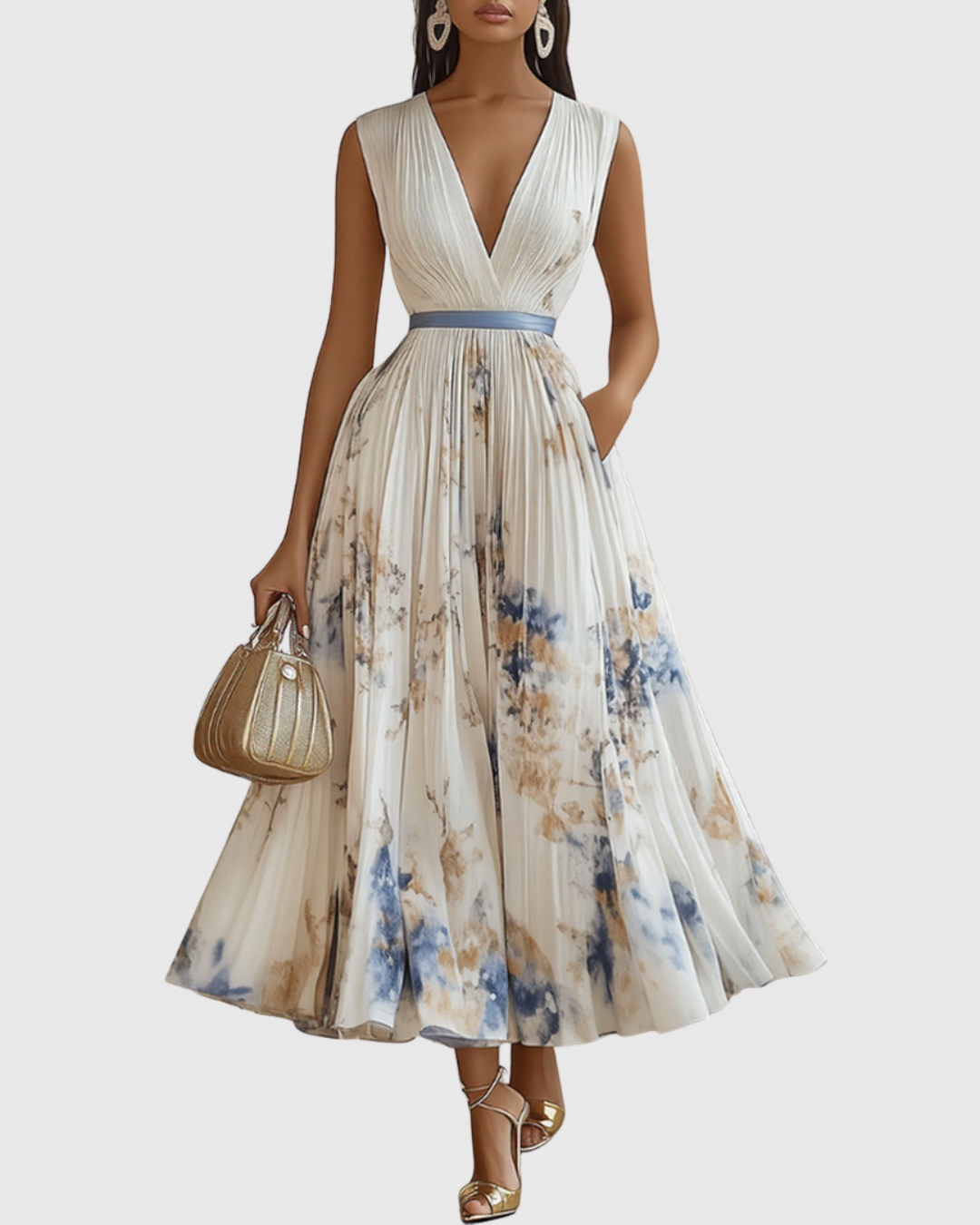 Rina Women's Maxi Dress | Pleated Design, Elegant V-Neck - 2
