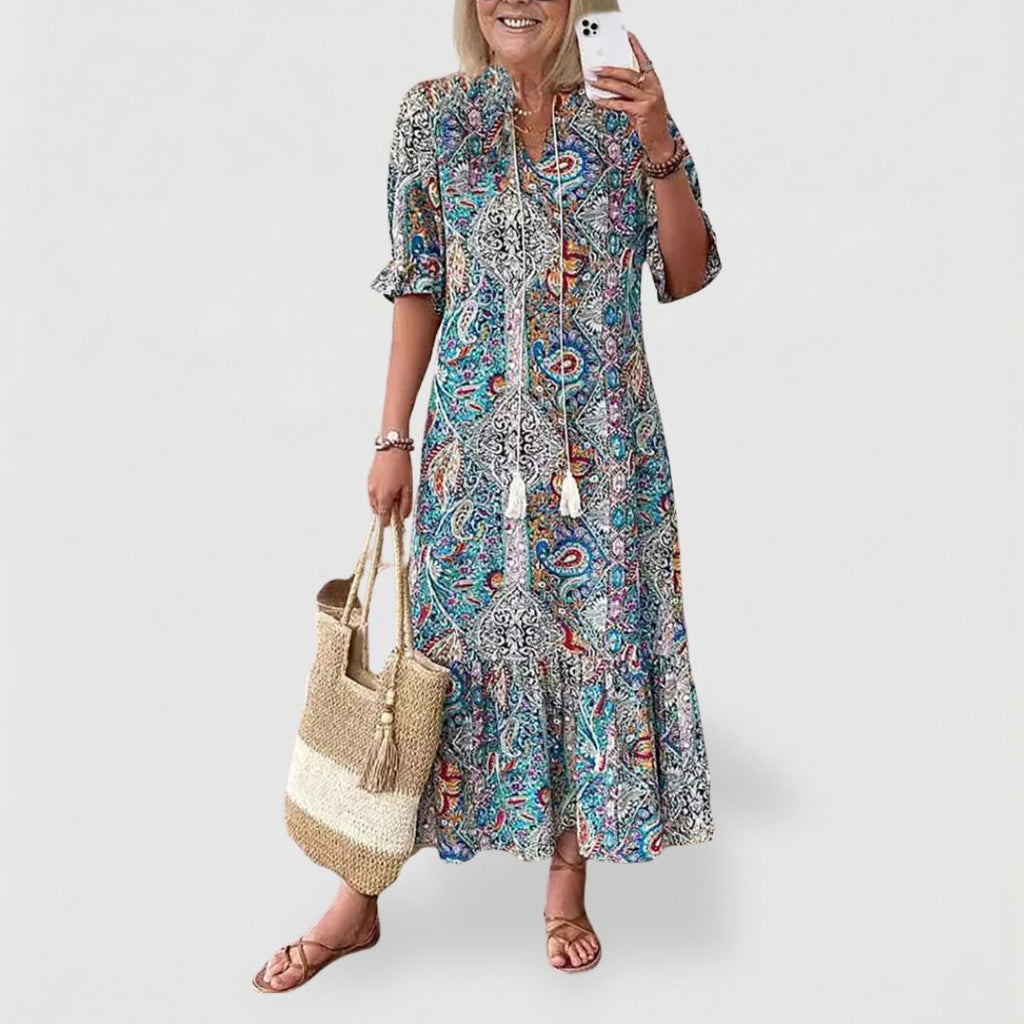 Gina Women's Summer Maxi Dress | Soft Cotton, Boho Lace-Up Detail - 1