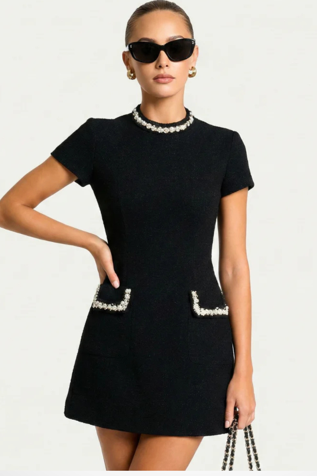 Bree Women's Mini Dress | Pearl Trim, Pocket Detail - 4