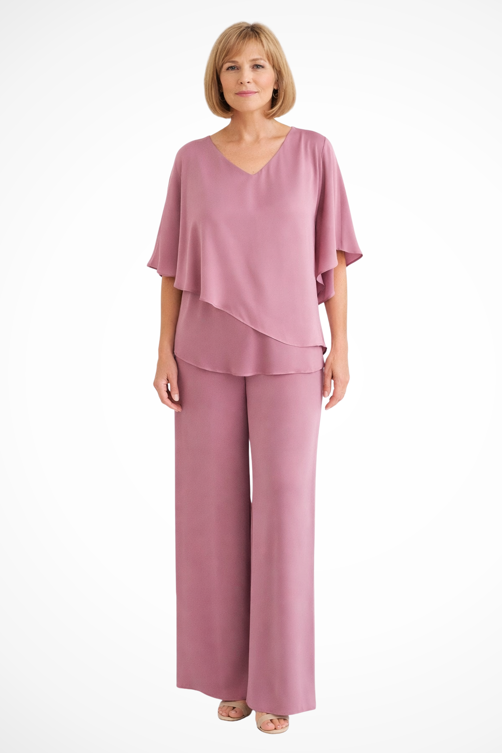 Sera Women's Set | V Neck Batwing Sleeve Top & Wide Leg Trousers, Loungewear - 1