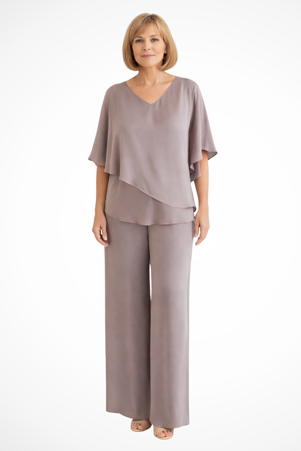Sera Women's Set | V Neck Batwing Sleeve Top & Wide Leg Trousers, Loungewear - 7