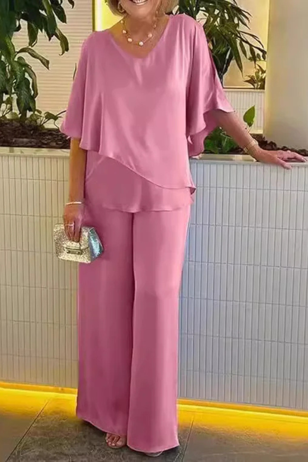 Sera Women's Set | V Neck Batwing Sleeve Top & Wide Leg Trousers, Loungewear - 2
