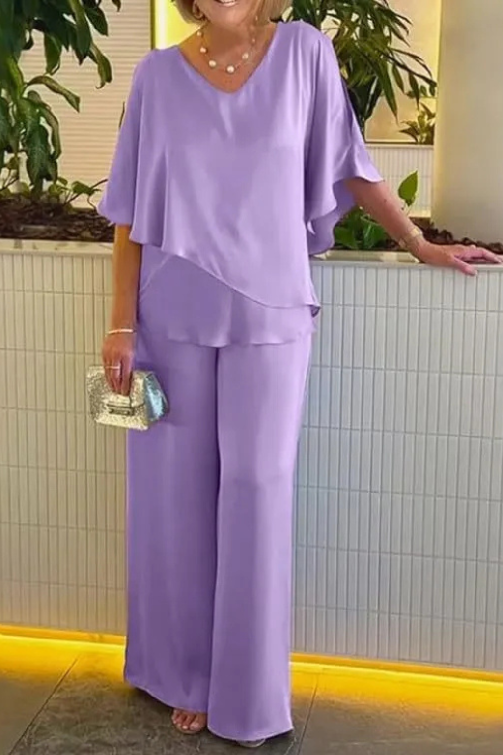 Sera Women's Set | V Neck Batwing Sleeve Top & Wide Leg Trousers, Loungewear - 10