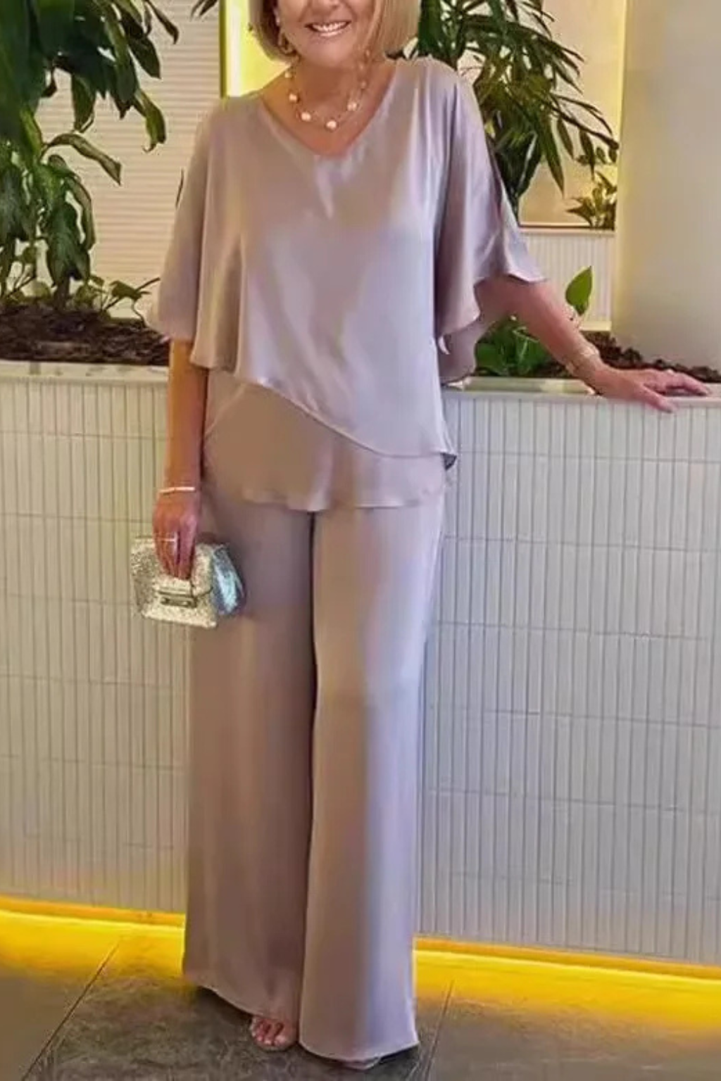 Sera Women's Set | V Neck Batwing Sleeve Top & Wide Leg Trousers, Loungewear - 8