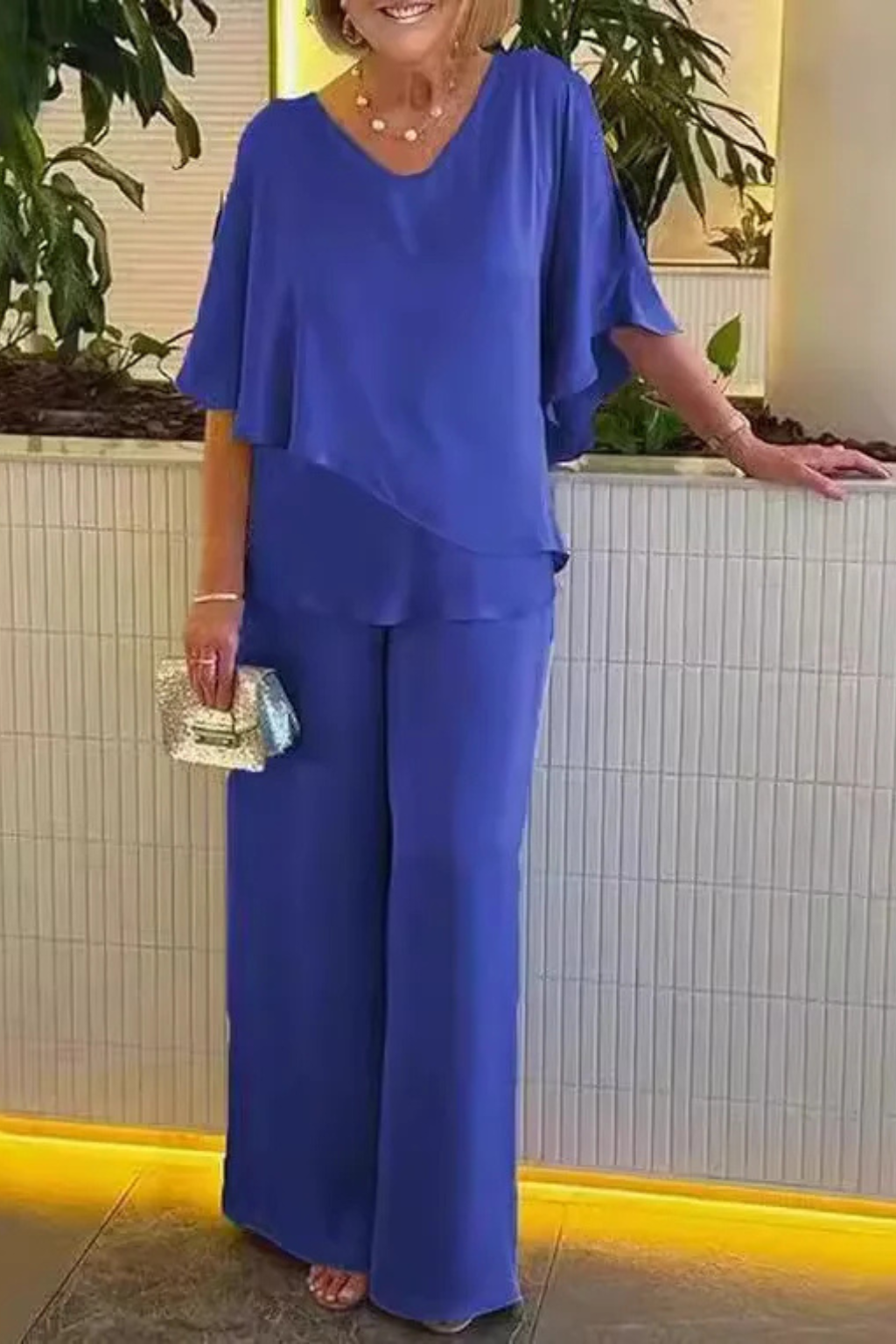 Sera Women's Set | V Neck Batwing Sleeve Top & Wide Leg Trousers, Loungewear - 4