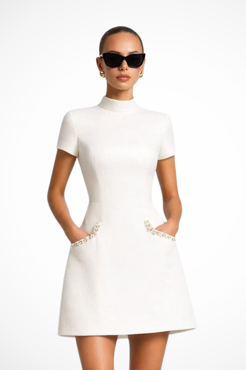 Bree Women's Mini Dress | Pearl Trim, Pocket Detail - 2