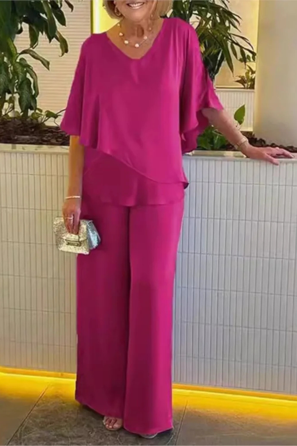 Sera Women's Set | V Neck Batwing Sleeve Top & Wide Leg Trousers, Loungewear - 12