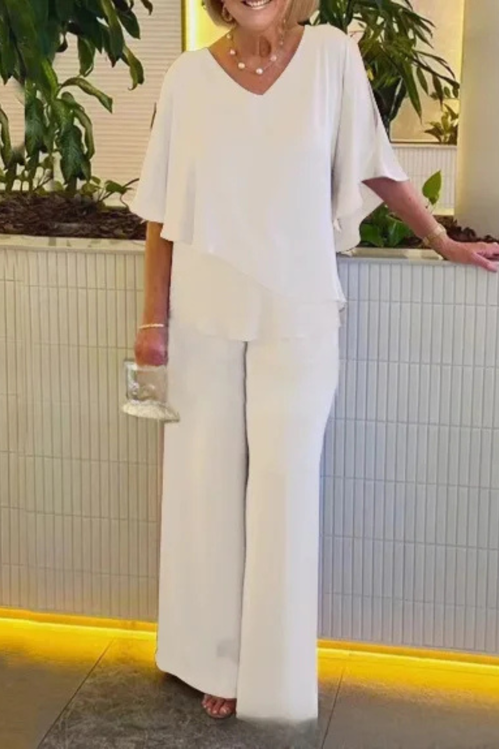 Sera Women's Set | V Neck Batwing Sleeve Top & Wide Leg Trousers, Loungewear - 6