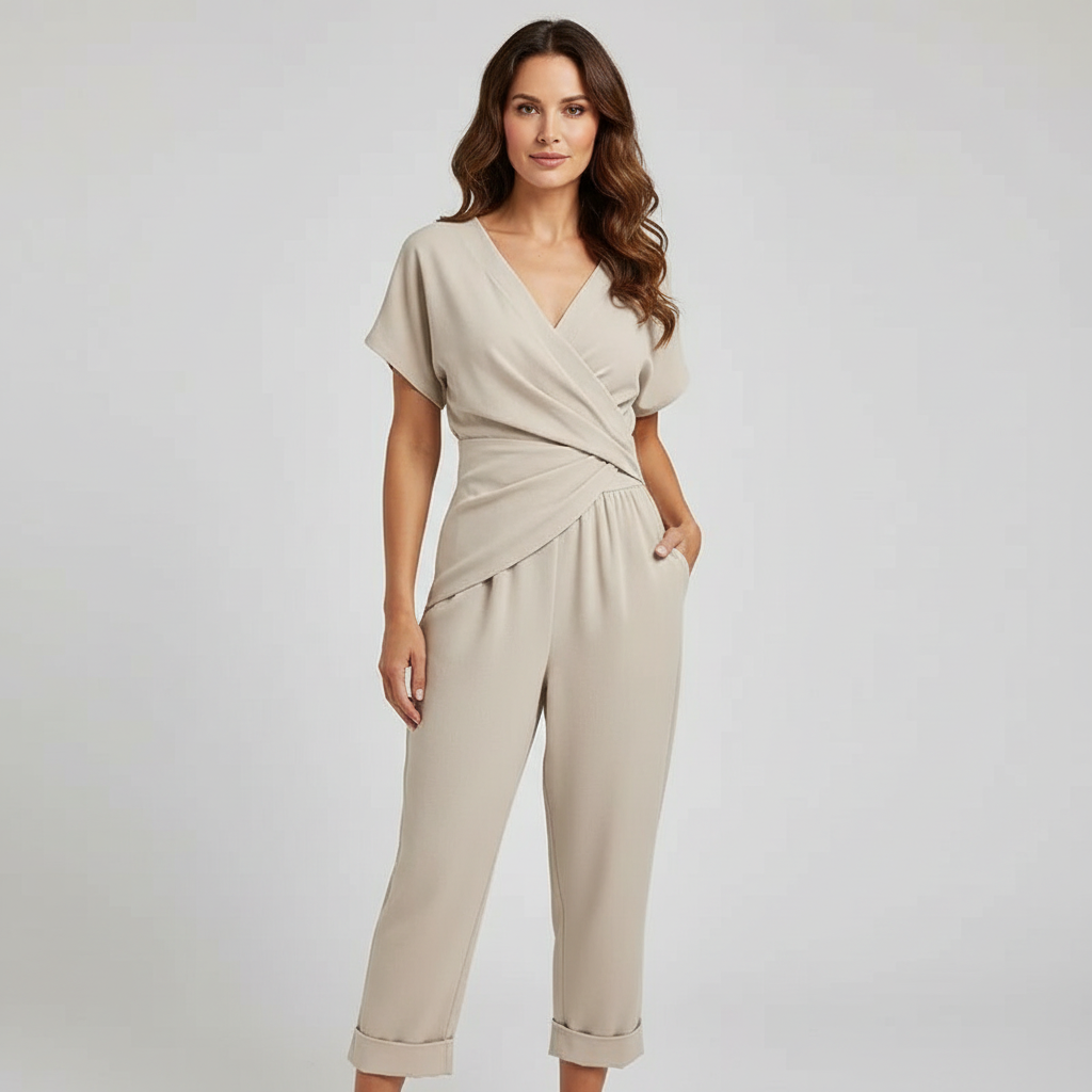 Womens Two Piece Set - Lightweight Co Ord Set with Wrap-Front Top and Cropped Trousers, Elegant Matching Set for Summer - 1