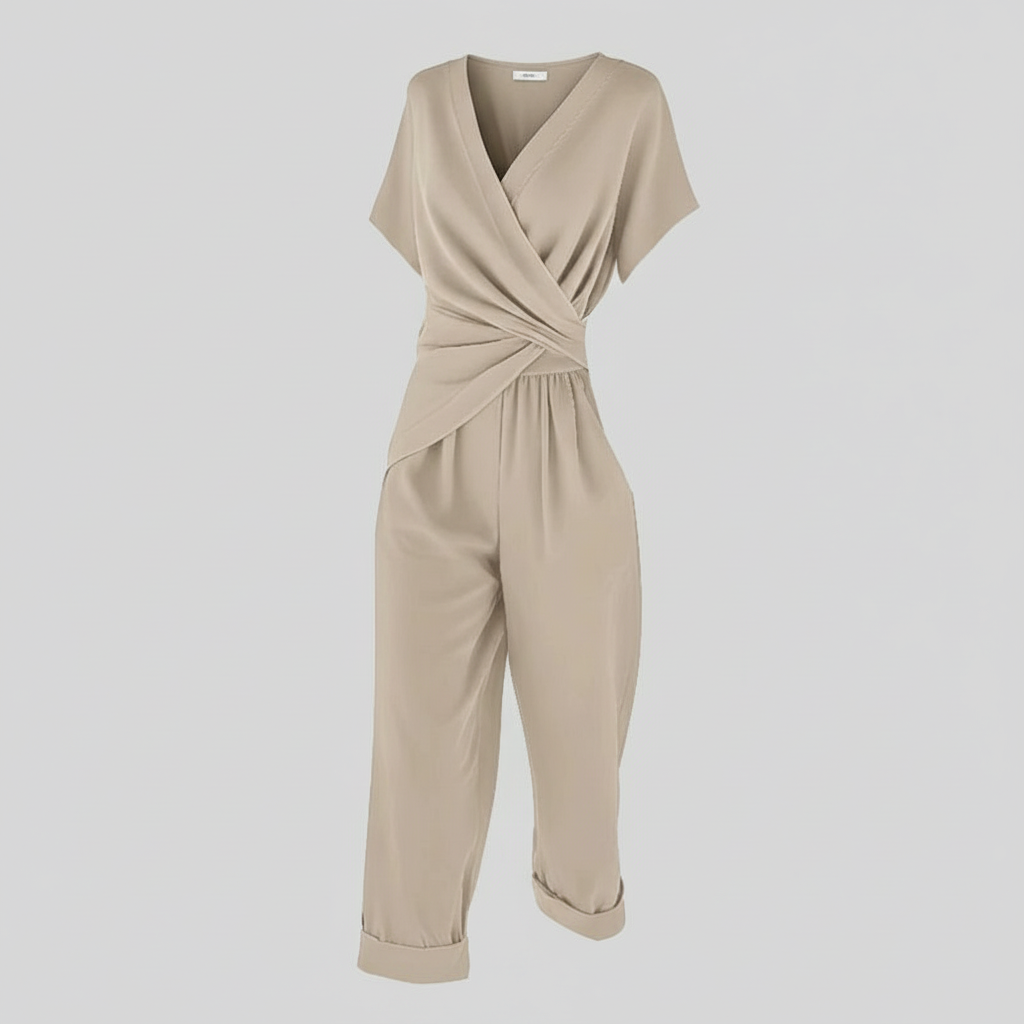 Womens Two Piece Set - Lightweight Co Ord Set with Wrap-Front Top and Cropped Trousers, Elegant Matching Set for Summer - 2
