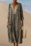 Ava Women's Dress | Monochrome Stripes, V-Neckline, Relaxed A-Line - 2