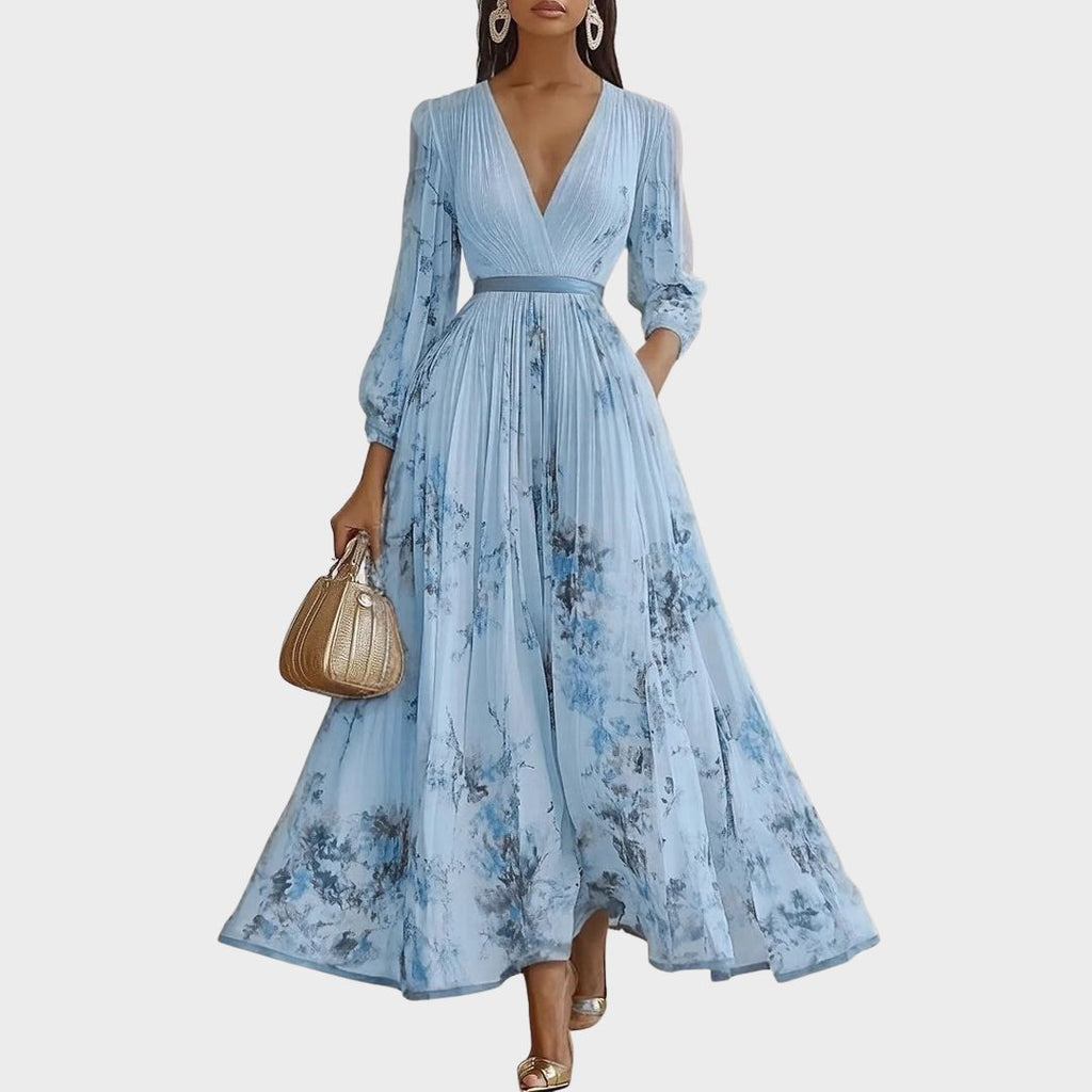 Rina Women's Maxi Dress | Pleated Design, Elegant V-Neck - 5