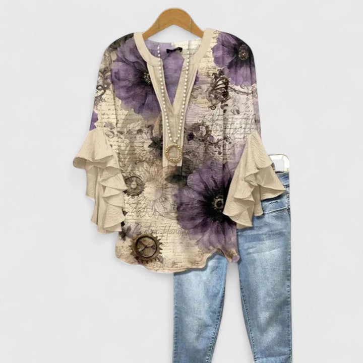 Womens Blouse with Ruffle Sleeves and Elegant Prints - Relaxed Fit Lightweight Top for Everyday Style - 11