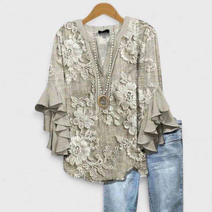 Womens Blouse with Ruffle Sleeves and Elegant Prints - Relaxed Fit Lightweight Top for Everyday Style - 3