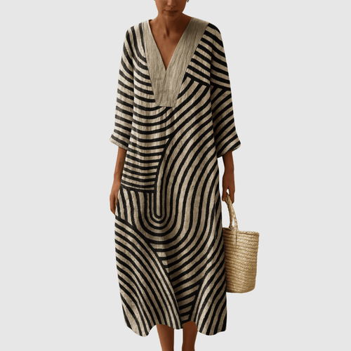 Ava Women's Dress | Monochrome Stripes, V-Neckline, Relaxed A-Line - 1