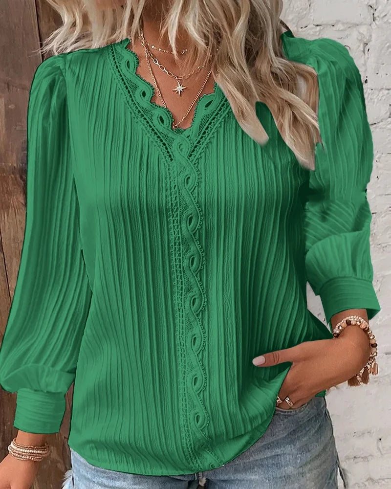 Evelyn Women's Blouse | Hollow Lace Patchwork, Long Sleeve Summer Top - 4