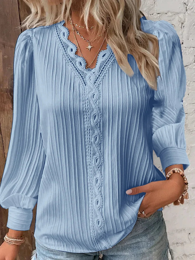 Evelyn Women's Blouse | Hollow Lace Patchwork, Long Sleeve Summer Top - 5