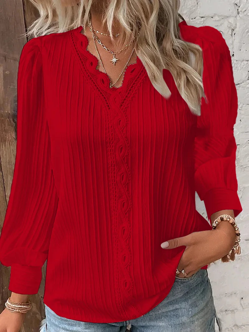 Evelyn Women's Blouse | Hollow Lace Patchwork, Long Sleeve Summer Top - 6