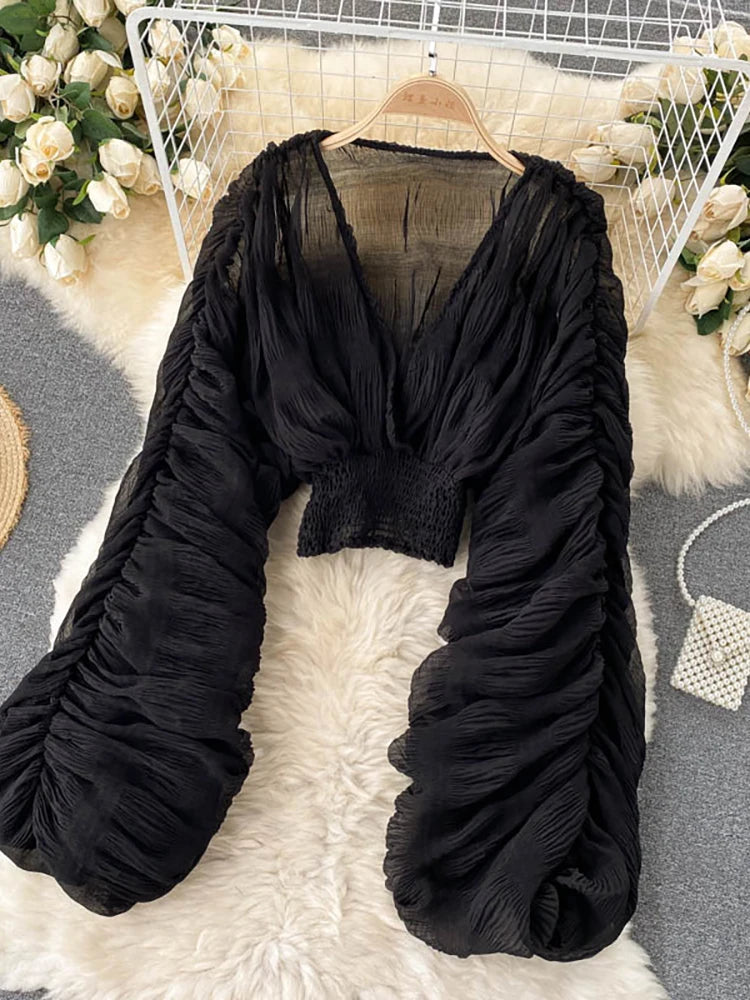 Sera Women's Chiffon Blouse | Elegant V-Neck, Puff Sleeve - 12