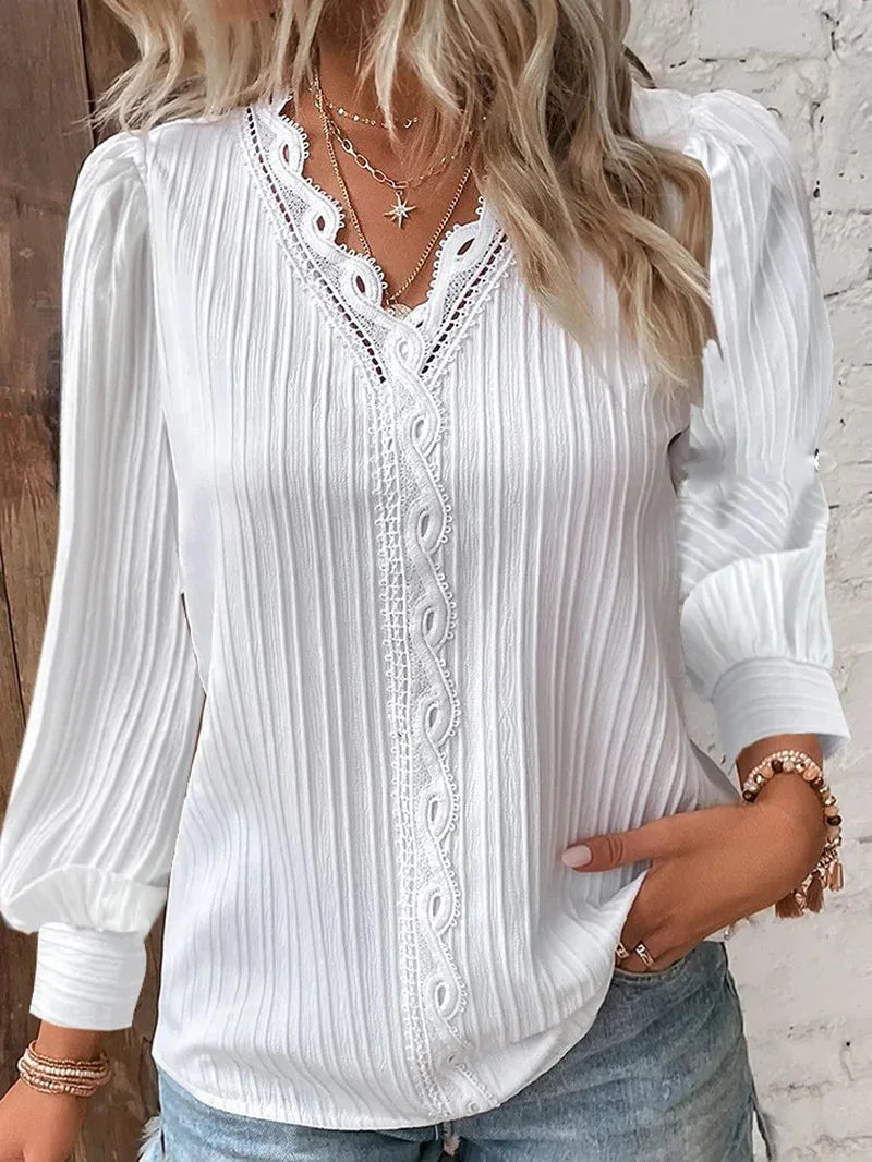 Evelyn Women's Blouse | Hollow Lace Patchwork, Long Sleeve Summer Top - 3