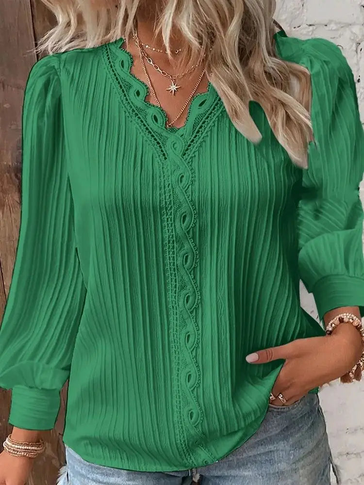 Evelyn Women's Blouse | Hollow Lace Patchwork, Long Sleeve Summer Top - 7